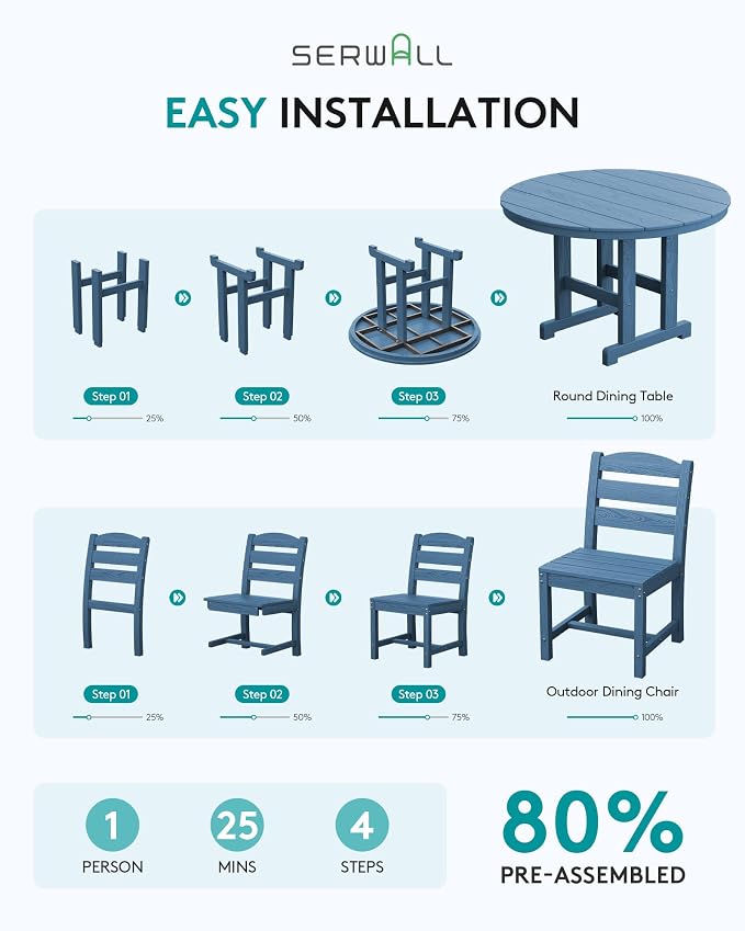 SERWALL 6-Piece Patio Dining Sets, HDPE Outdoor Table and Chairs Furniture Set with Umbrella, 45" Round Dining Table & 4 Armless Dining Chairs & 1 9FT Umbrella, Navy(Not Include Umbrella Base)