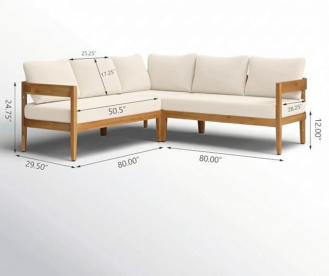 Merax Outdoor 80" Acacia Wood Curved Sectional 5-Seater Sofa, Patio V-Shaped Sofa Couch with Weather-Resistant Cushions for Porch, Lawn, Backyard, Balcony, Teak+ Beige