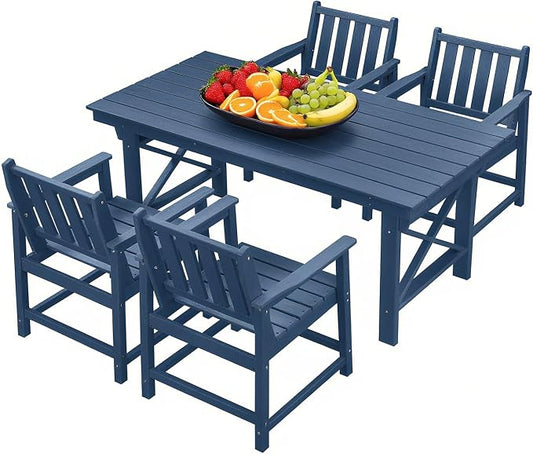 Outdoor Patio Dining Table Set, 5-Piece Outdoor HDPE Dining Furniture Sets with Umbrella Hole Table and 4 Chairs, All Weather for Backyard, Garden, Poolside, Lawn, Navy