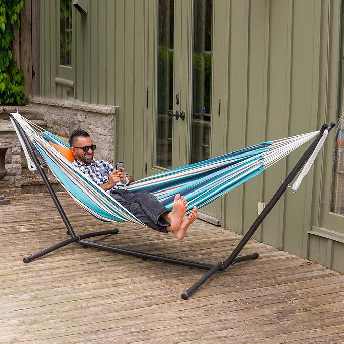 Vivere Double Hammock and Stand Combo – Durable, Comfortable, 450 lb Capacity, Heavy Duty Steel Stand, Tool-Free Assembly, Includes Carry Bag (Token Surfside)