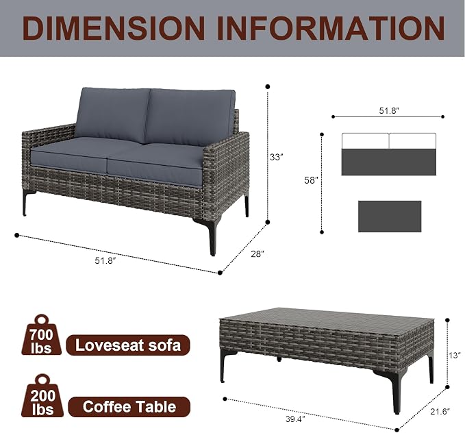 JOYURE 2 Pieces Patio Furniture Set,All Weather Rattan Loveseat with Tempered Glass Table for Porch,Deck,Backyard,Grey