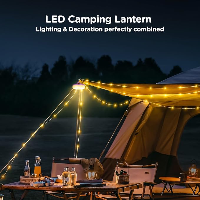 Camping String Lights 4 in 1, 32.8FT Quick Storage 8 Modes Protable | Rechargeable Fairy Tent Lights String , Hanging Waterproof LED Lamp for Outdoor Indoor Patio Awning Decor Camping Essentials