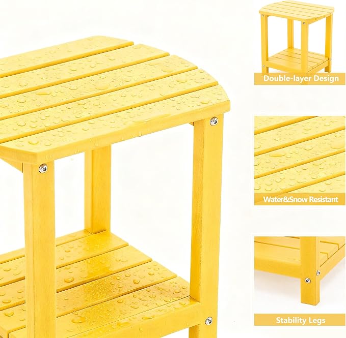 Adirondack Small Outdoor Side Table - Weatherproof HDPE Patio End Table with 2-Tier Storage for Firepit, Balcony, Garden, Poolside or Bathroom (Yellow, Set of 4)