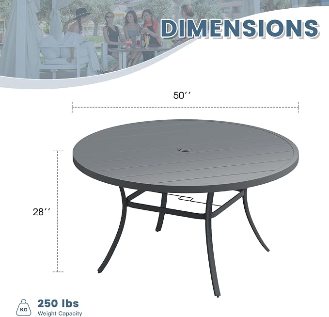 DIFY 50" Round Outdoor Patio Dining Table for 6, All-Weather Metal Patio Table with 1.57" Adjustable Umbrella Hole, Outdoor Furniture Table for Garden Backyard Deck, Grey