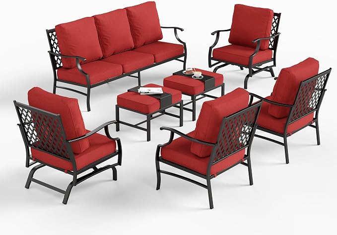SUNSHINE VALLEY 7 Piece Metal Outdoor Patio Furniture Sets, Patio Conversation Sets 1 3-Seater Sofa, 2 Fixed Chair, 2 Rocking Chair, 2 Ottomans with 5.75" Thick Cushion, Black Backyard Furniture, Red