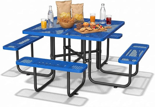 46'' Heavy Duty Outdoor Picnic Table - Commercial Grade Square Steel Picnic Table Set, Umbrella Hole, Rust-Resistant Metal Mesh Tabletop for Patio, Garden, Park, BBQ - Blue