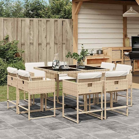 9 Piece Patio Dining Set with Cushions Beige Poly Rattan Outdoor Garden Furniture Table and 8 Folding Chairs with Cream White Cushions