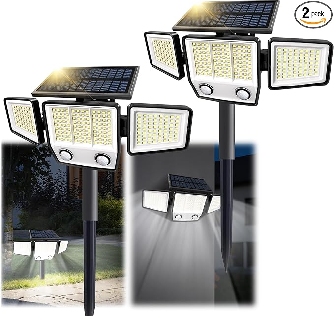 MDCMDCM Solar Motion Sensor Outdoor Lights Waterproof - 3000LM 3 Modes Security Lights Outdoor 270° Illumination IP65 LED Solar Flood Wall Light for Garden Yard Patio Pathway (with Stakes, 2)
