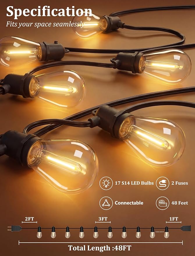 S14 Outdoor String Lights 48FT, Waterproof Patio Lights with 17 Shatterproof LED Bulbs (1 Spare), UL Certified Commercial Grade Black Wire Hanging Lights for Outdoor, Indoor, Backyard, Porch