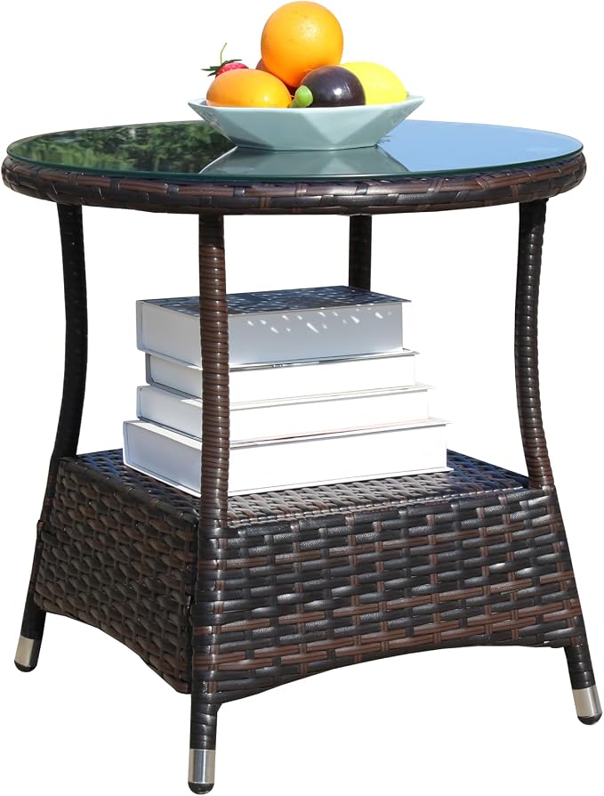 IRONORA Outdoor Wicker Coffee Table Patio Round Side Tables for Outside, Tempered Glass Top Wicker Table with Storage End Table for Balcony Porch Deck