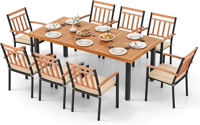 Tangkula 9 Pieces Patio Dining Set, Outdoor Acacia Wood Table and Chairs with Soft Cushions and 1.9” Umbrella Hole, Outdoor Patio Furniture Set for Garden, Deck and Backyard