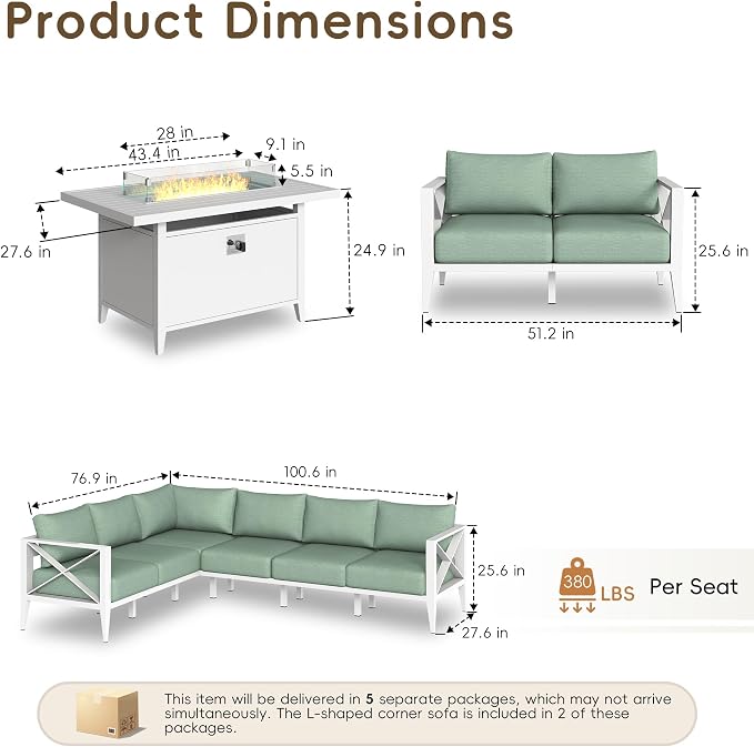 Patio Furniture Set with Fire Pit Table Outdoor Sectional Sofa Conversation Set for Backyard Deck Garden Seating