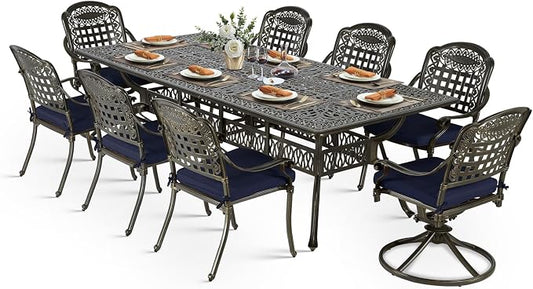 VIVIJASON 9-Piece Outdoor Dining Set, Cast Aluminum Patio Table & Chair Furniture Set, Include 94.5" Rectangular Table, 2 Swivel Rocker Chairs, 6 Stationary Chairs, Umbrella Hole, Navy Blue Cushion