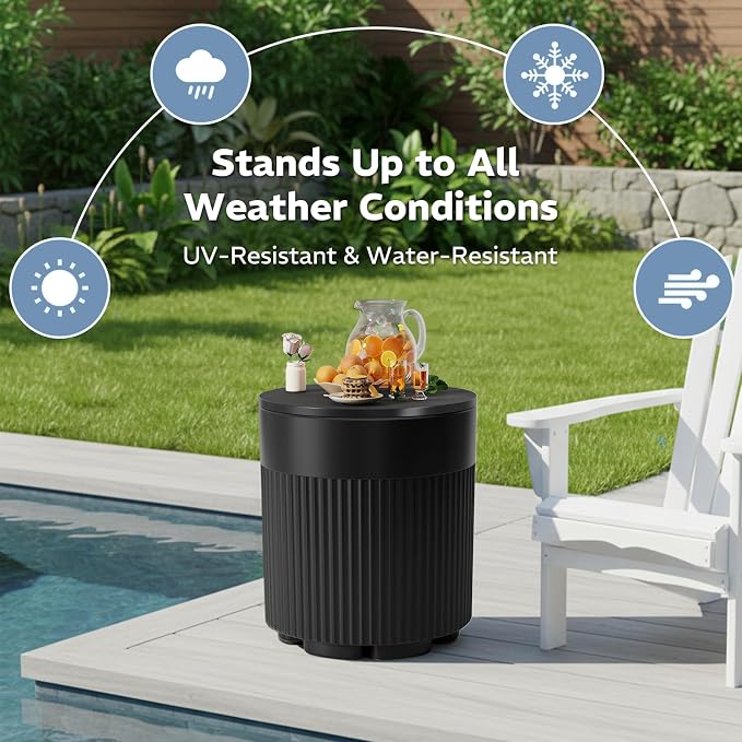 Outdoor Cooler Side Table, 2 in 1 Ice Chest Cooler Table All Weather Resistant, Dense Fluted Cooler Side Table with Hangable Lid for Patio Decor, Deck, BBQ, Beach, Black
