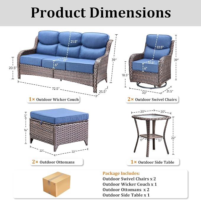 Luxury High Back Patio Furniture Set with 6-Inch Thick Cushions, 6-Pieces Outdoor Furniture with Swivel Chairs &Side Table, Wicker Conversation Set for Porch, Balcony, Deck and Yard, Brown/Blue
