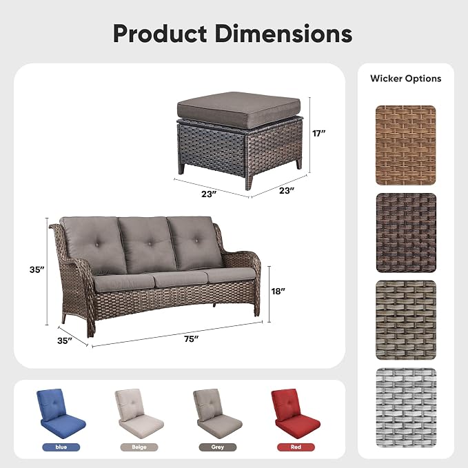Belord 3-Piece PE Wicker Outdoor Sofa with 2 Ottomans, Luxury Patio Couch Convertible to Chaise Lounge, All-Weather High Back Deep Seat Woven Furniture for Deck, Porch - Brown/Grey