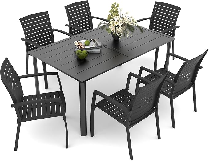 Anmutig 7 Piece Outdoor Dining Set, 63" Table & 6 Aluminum Frame Chairs | Stackable Chairs, Resin Slat Seating, Powder-Coated Steel Table, Umbrella Hole, Easy Assembly, Patio, Garden, Backyard