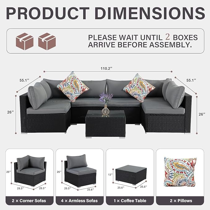 7-Piece Outdoor Patio Furniture Set, Outdoor Couch - Handwoven All-Weather Rattan & 4” Thick Waterproof Cushions, Wicker Outdoor Conversation Sets with Coffee Table for Backyard, 2026, Black/Grey