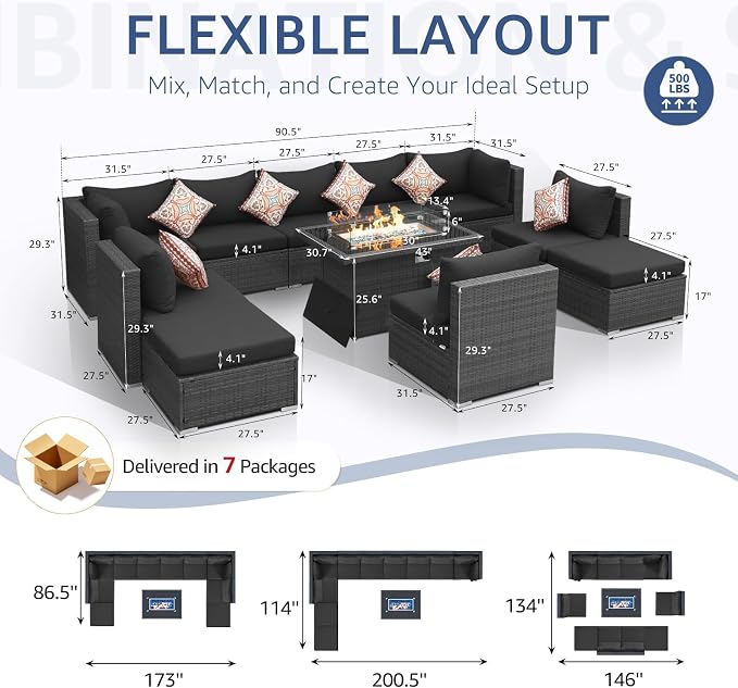 NICESOUL 11 Piece Extra Large Outdoor Furniture Sofa Set, Deep Wide PE Wicker Patio Modular Sectional with Fire Pit Table, 29.3'' High Back Modern Luxury All-Weather Rattan Conversation, Gray