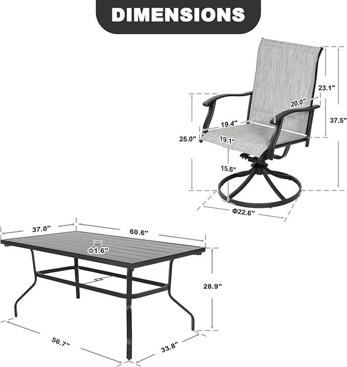 NUU GARDEN 7-Piece Patio Dining Set with Umbrella Hole, Rectangular Metal Outdoor Dining Table and Textilene Swivel Chairs, Patio Furniture Set for Garden Deck Backyard Balcony, Light Gray