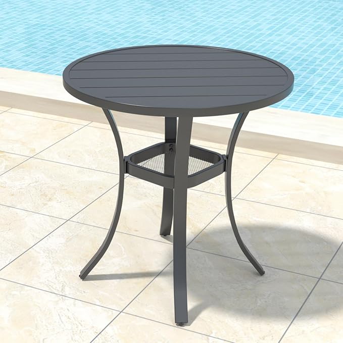 Anmutig 3-Piece Outdoor Dining Set, Small Metal Bistro Table with 2 Stackable Sling Chairs, 27.5 x 27.5 Inch Round Table, Black Fabric