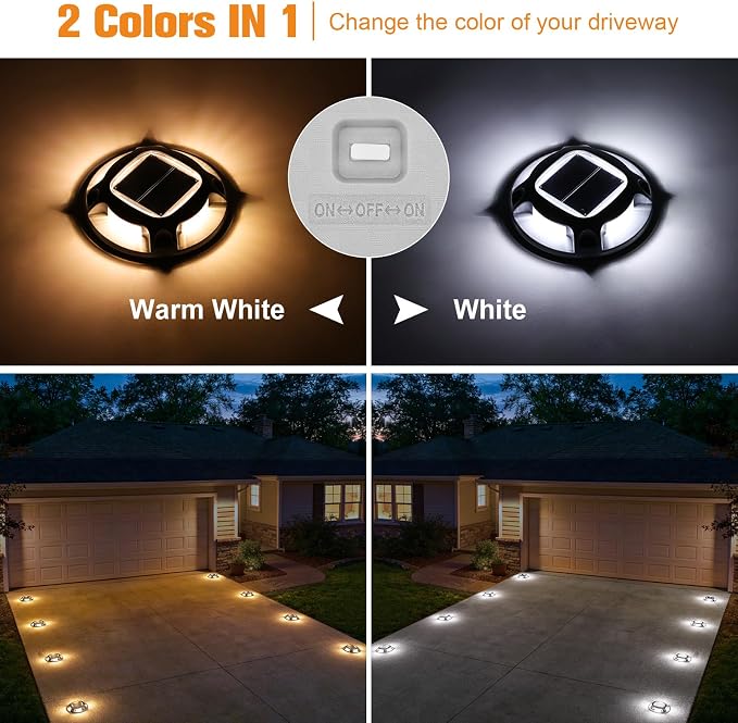 VOLISUN Solar Driveway Marker Lights Dock Marine Led Deck Outdoor 12 Pack | 2 Colors in 1,Solar Powered Waterproof Warning Step Lights for Pathway Garden Sidewalk(White/Warm White)