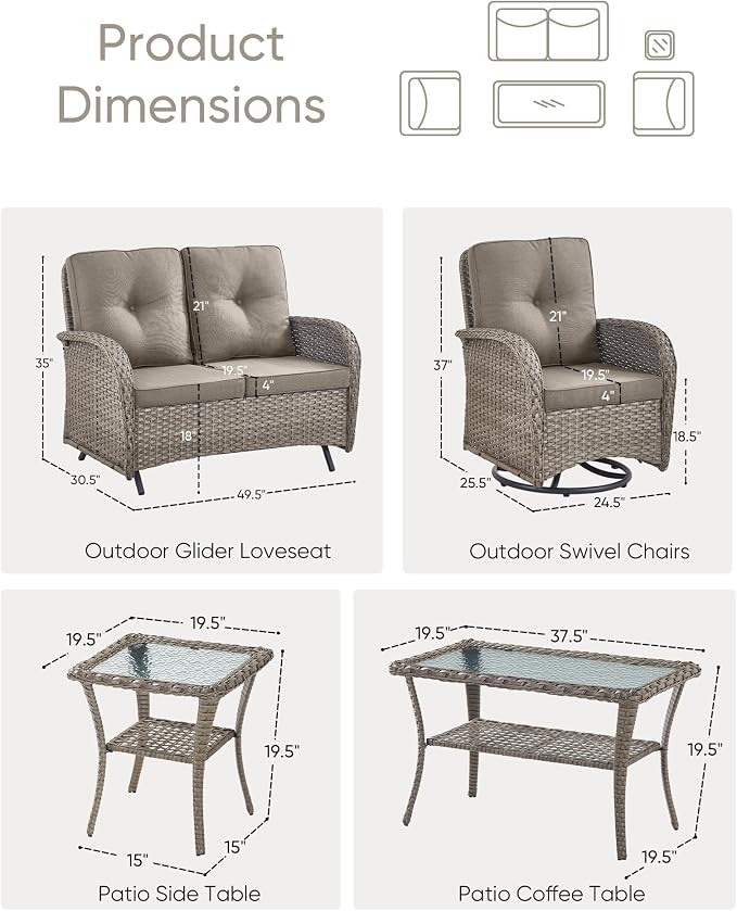 5 Pieces Patio Furniture Set-Outdoor Rocking Chairs Set of 2 Outdoor Glider Bench with Wicker Outdoor Coffee Table for Deck Lawn Porch Balcony Poolside-Grey/Grey