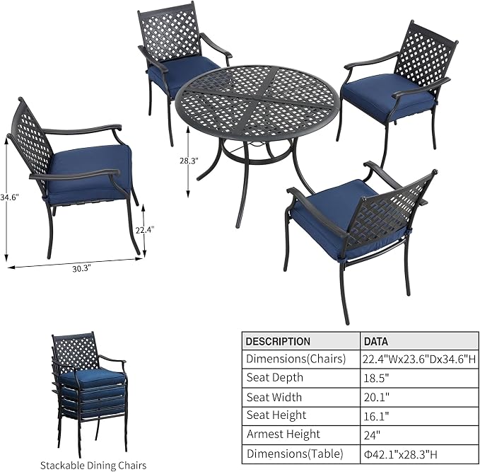 5-Piece Patio Dining Set Heavy Duty Outdoor Dining Furniture Set,Indoor Outdoor Dining Sets with Round Tabletop,4 Stackable Chairs