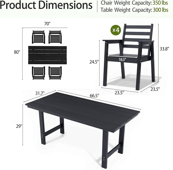 5-Piece Outdoor Dining Set, All-Weather HDPE Patio Furniture, 66.5" Slatted Table with 1.6" Umbrella Hole & 4 Ergonomic Armchairs, Heavy Duty 350lbs Capacity, UV Resistant, Black