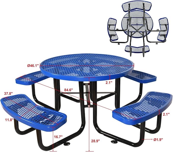 Heavy Duty Picnic Table for Outdoors 3200 lbs Load All Metal Dining Table with Umbrella Hole up to 1.5", Round Camping Table for Commercial Picnic Table with Benches, Blue