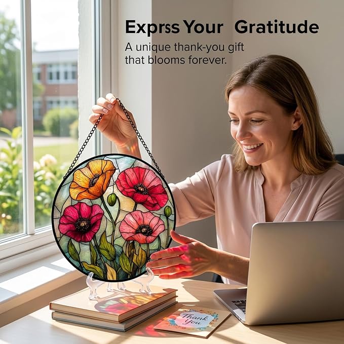 Floral Theme Gifts for Mom - Poppy Flower Faux Stained Glass Window Hanging Sun Catcher for Door Garden Acrylic Decor Mother's Day Birthday for Women Nana Friend Men Grandma 6.3"