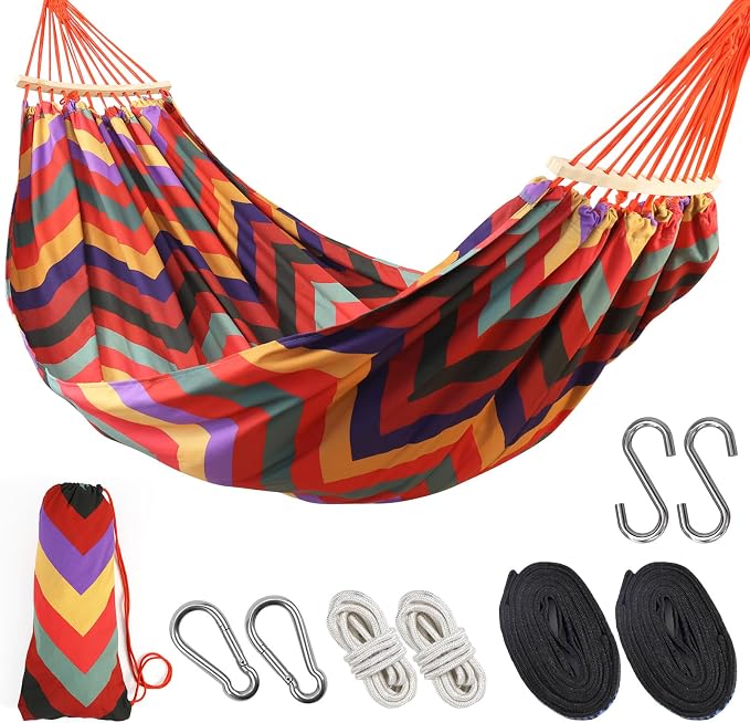 Double Hammock 9.5FT Extra Large Hammock with Carrying Bag - 2 Persons Hammock Portable Hanging Camping Bed for Patio, Backyard, Porch, Outdoor and Indoor Use - Soft Cotton, 290x145cm