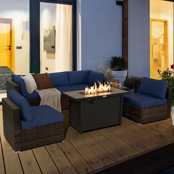 Tangkula 7 Piece Patio Furniture Set with Fire Pit Table, Includes 42 Inches 60,000 BTU Propane Rectangle Fire Pit Table and Protective Cover, Outdoor Cushioned Sectional Sofa Set for 5 (Navy)