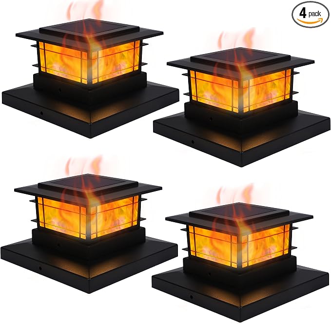 Dynaming 4 Pack Solar Post Cap Lights Outdoor with Flickering Flame Light, Fence Post Solar Lights Fit for 4x4 5x5 6x6 Vinyl/Wooden Posts, High Brightness SMD LED Lighting Decor for Garden Deck Patio
