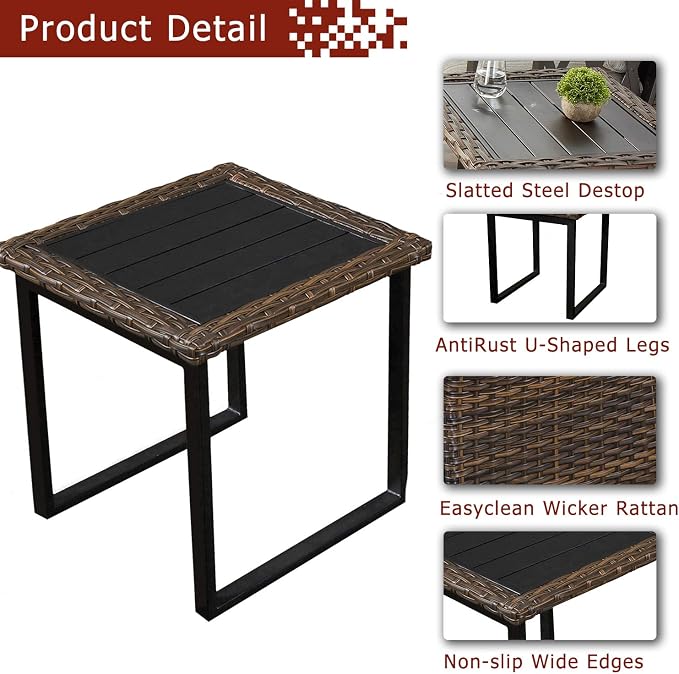 Festival Depot 22” Patio Side Table Metal Bistro Table with Wicker Edge and Slatted Steel Top All Weather Outdoor Furniture for Porch Deck (Square)