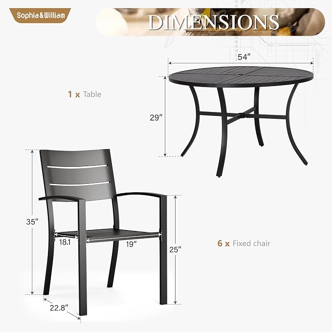 Sophia & William Round Patio Table and Chairs Set, Outdoor Dining Set for 6, 7 Piece Metal Patio Furniture, 54" Black Table