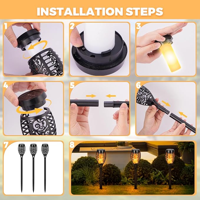 8 Pack Solar Lights Outdoor, Warm White Flickering Flame Torches | Warm White Flickering Flame, Long Nighttime Glow, Auto-On at Dusk, IP65 Weather-Resistant, Tool-Free Ground Setup