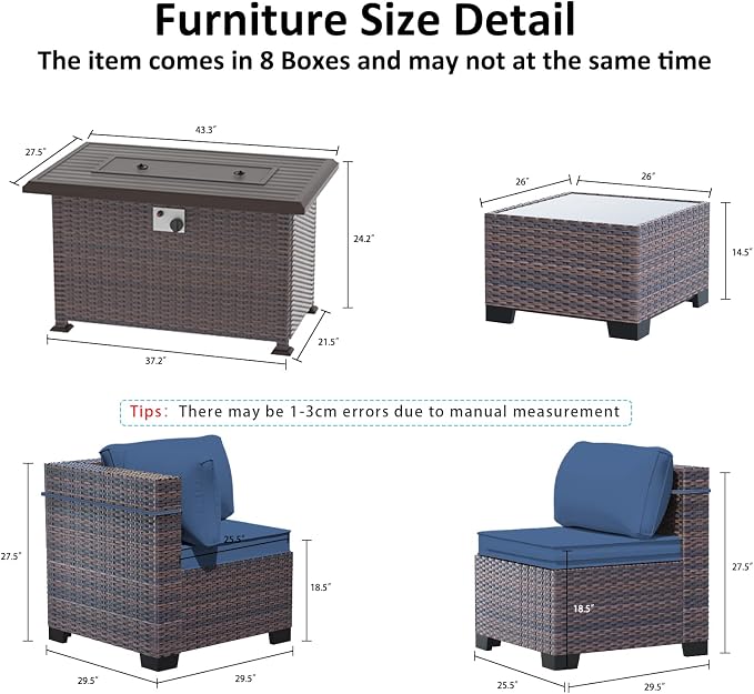 Outdoor Patio Furniture Set with Gas Fire Pit Table, 15 Pieces Outdoor Furniture Set Patio Sectional Sofa w/43in Propane Fire Pit, PE Wicker Rattan Patio Conversation Sets - Navy