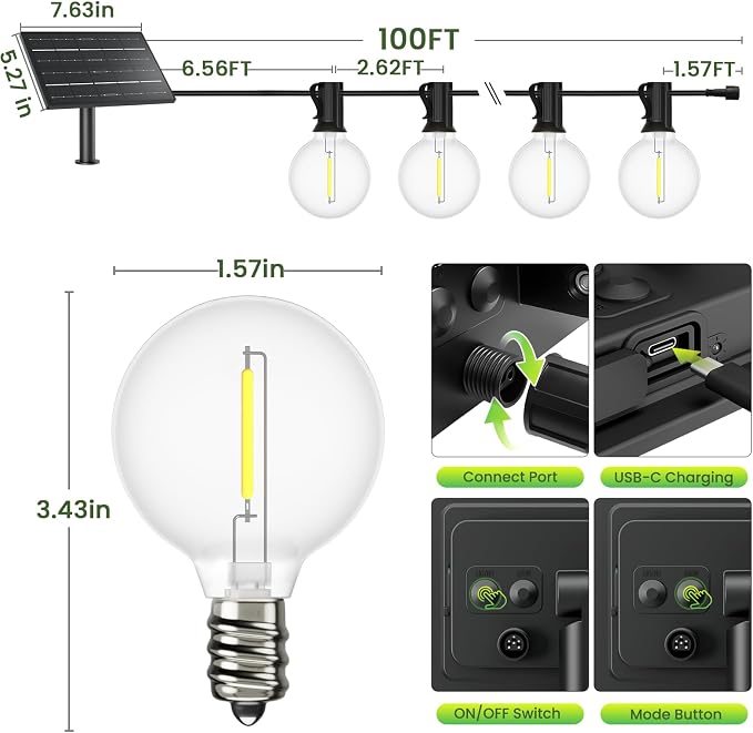 Svater 100 FT Solar Outdoor String Lights with Remote, G40 Patio Light Shatterproof Dimmable Vintage Edison Bulbs - Solar Powered Weatherproof Light for Patio, Backyard, Garden, Bistro