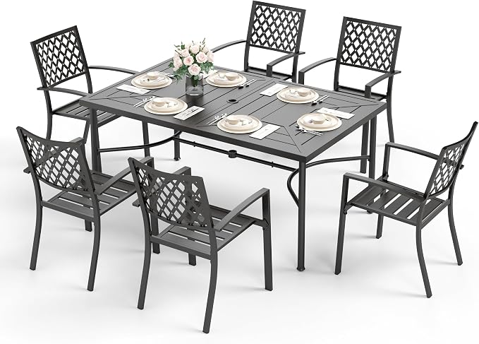 Sophia & William Patio Table and Chairs Set, Outdoor Dining Set for 6, 7 Piece Metal Patio Furniture, 64" Black Rectangular Table(Diamond)
