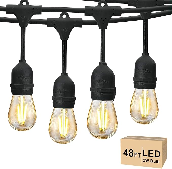 Svater 48 FT Outdoor String Lights 2W, Commercial Grade Patio Light with 15 pc Edison Shatterproof Bulbs, IP65 Waterproof LED Hanging Lighting for Bistro Cafe Market Outside Backyard, Warm White 2700K | Outside Patio Light with Shatterproof Antique Edi...