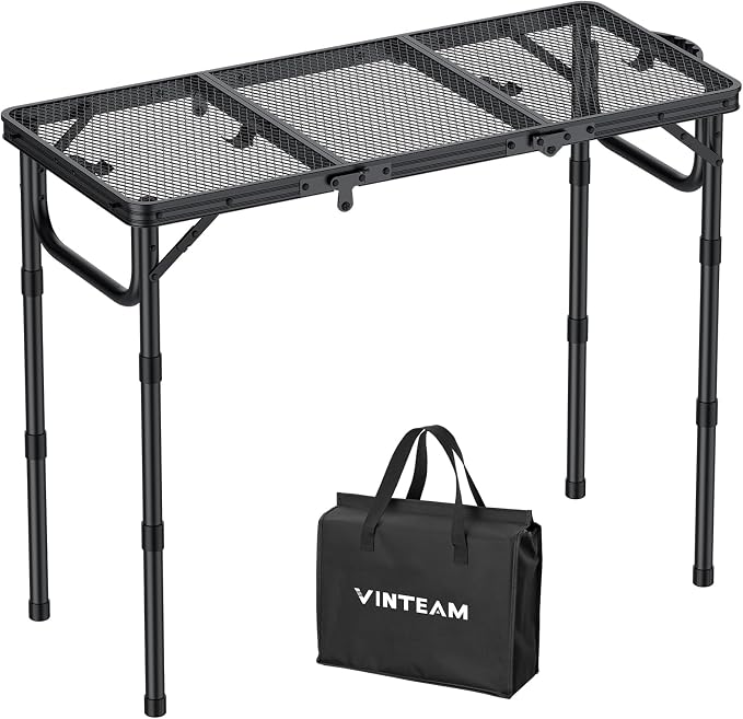 VINTEAM Folding Grill Table with Mesh Top, 3 Adjustable Heights, Lightweight Portable Camping Table, Black Aluminum Alloy BBQ Picnic Table for Outdoor Cooking, Tailgating, Beach, RV & Backyard