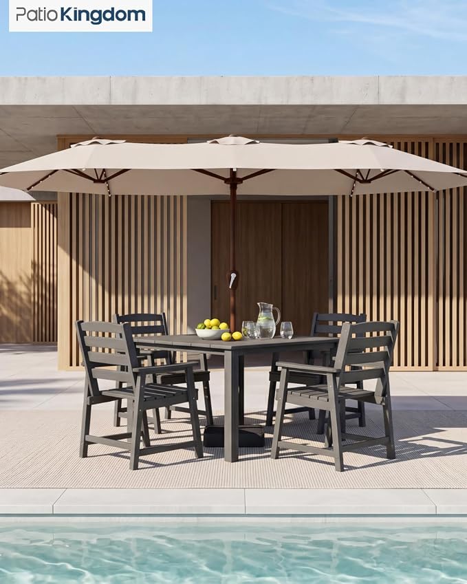 HDPE Outdoor Dining Set for 4 with 10FT Umbrella, Grey | All-Weather HDPE, Wood Grain Finish, 42.5" Square Table, Built-In Umbrella Hole, Seats 4, Patio & Poolside Ready