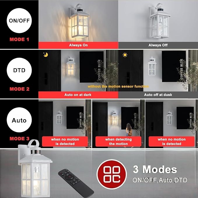 Porch Lights Outdoor with Remote, Motion Sensor Exterior Lighting Fixtures | 2 Pack Intelligent Outdoor Wall Lights, 4 Lighting Modes Outdoor Sconce Lights for House Patio Front Door Garage