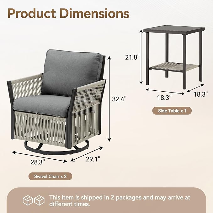Patio Furniture Set Outdoor/Indoor, Wicker Patio Sofa, 3pcs Furniture Set with Swivel Rocker Chairs and Side Table for Backyard, Garden, Poolside(Grey)