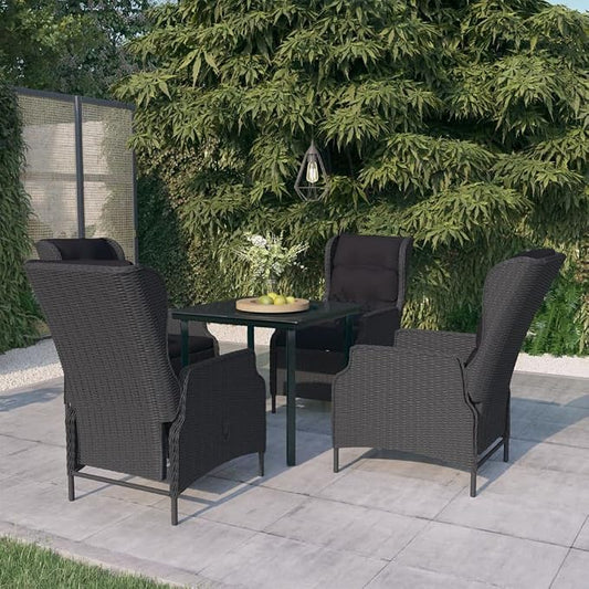 5 Piece Patio Dining Set Dark Gray with Reclining Chairs, Outdoor Rattan Furniture Set for Garden Deck, Glass Top Table, Removable Cushions, Adjustable Backrest