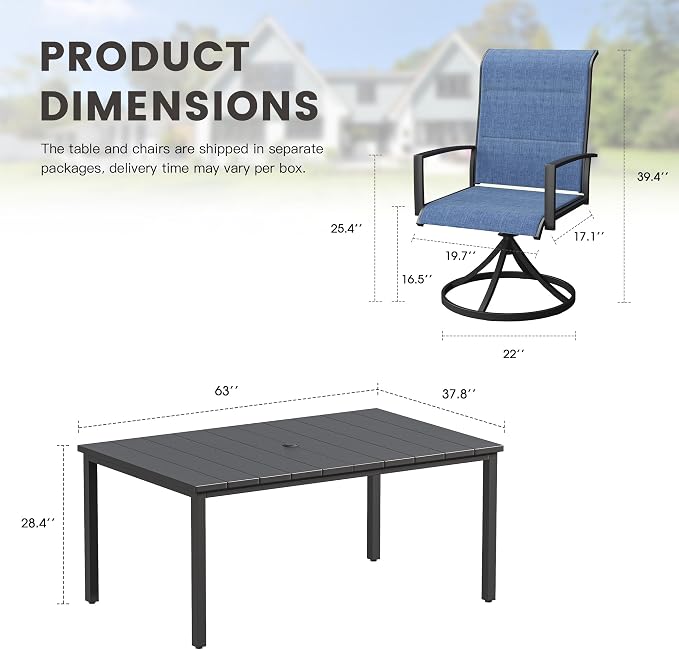 Outdoor Dining Set for 6, 63" Outdoor Dining Table with Umbrella Hole and Padded Textilene Patio Swivel Chairs, 7 Pieces Patio Table and Chairs Set for Garden Backyard, Dark Blue and Black