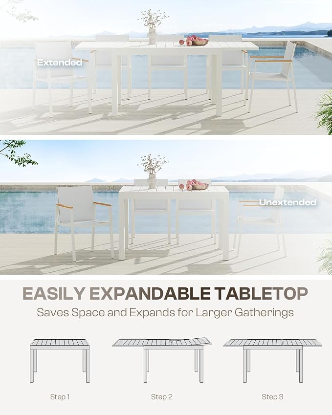 Outdoor Aluminum Patio Dining Table Set for 6 Person, Expandable Outdoor Table and 6 Chairs with Textilene Fabric & HDPS Armrest, All-Weather Patio Furniture Set for Yard, Garden, White