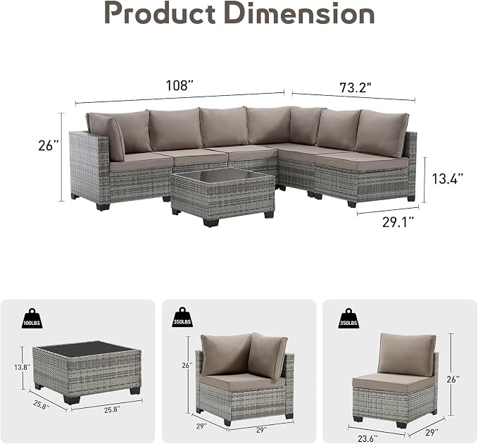 Bonzy Home 7 Pieces Outdoor Patio Furniture Set, PE Rattan Outdoor Sectional Furniture Sofa Set with Removable Cover and Glass Coffee Table, Patio Sofa for Balcony, Porch, Garden, (Grey-Khaki)
