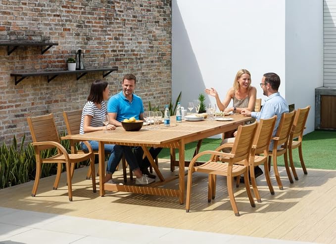 Amazonia Berlin 9-Piece Rectangular Extendable Patio Dining Set | Teak Finish | Ideal for Outdoors and Indoors